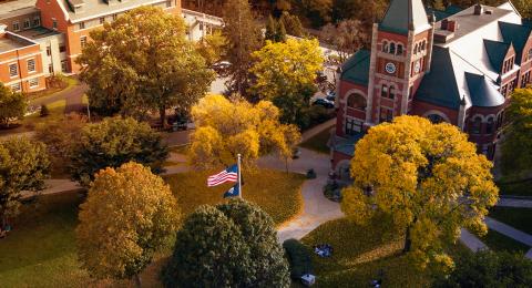 aerial view of campus in the fall